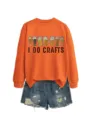 Women autumn winter orange sweatshirt with beer print and denim shorts casual set - S / Tops / Orange Sweatshirt (Black Text Pattern)