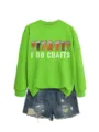 Fashionable funny women's green sweatshirt with beer cups and I do crafts print detail. - S / Tops / Neon Green (White Graphic)