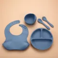 Silicone baby feeding set detail, suction plate and bowl, toddler tableware accessories. - Grey Blue