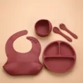 Silicone baby feeding set 5pcs, toddler suction bowl and divided plate with bib, spoon, fork. - Brick Red