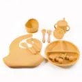 Baby silicone feeding set 10pcs suction plate bowl bib spoon fork toddler tableware - 10-Piece Set / Turmeric