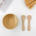 Baby Silicone Weaning Bowl Fork Spoon Set in Khaki Color Toddler Feeding Tableware SKU - Off White