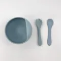 Blue silicone baby feeding set including a suction bowl fork and spoon for toddlers. - Morandi Blue (2-Piece Snail Bowl Set)