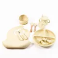 Silicone baby dinnerware set 10-piece toddler feeding bib plate bowl cup fork spoon beige - 10-Piece Set / Off White