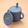 Blue silicone baby training cup with dual handles, straw lid, and snack lid for toddlers. - Snack Cup / Grey Blue