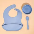 Baby silicone feeding set including suction bowl bib and spoon, safe baby tableware items. - Mother & Baby 3-Piece Set (Grey Blue)