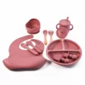 Silicone baby feeding set with suction plate bowl bib cup spoon and fork for toddlers - 10-Piece Set / Brick Red