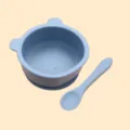 Baby silicone suction bowl and spoon set, cute bear design toddler feeding tableware blue. - 2-Piece Bear Bowl and Spoon Set (Grey Blue)