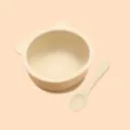 Beige silicone baby suction bowl and spoon set with cute bear ears, ideal for toddlers feeding. - 2-Piece Bear Bowl and Spoon Set (Off-White)