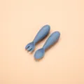 Silicone baby fork and spoon set in blue gray, short fat handle for toddler feeding training. - Chunky Fork and Spoon / Fog Blue