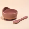 Silicone baby suction bowl and spoon set, food grade toddler feeding tableware in pink. - Snail Bowl & Long Handle Spoon (Brick Red)