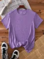 Detail view of casual purple melange short sleeve crew neck t-shirt, solid color top. - Purple