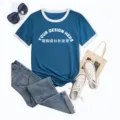 Women's short sleeve color block ringer t-shirt outfit flat lay with jeans and sneakers. - S / Tops / Royal Blue (Front Center)