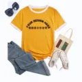 Casual contrast color ringer short sleeve t-shirt for women, loose fit basic crew neck top. - Yellow (Front Middle)