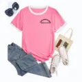 Pink ringer t-shirt for women with contrast white trim short sleeve casual summer top. - Rose Pink (Front Chest)
