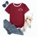 Casual contrast binding short sleeve ringer t-shirt for women, stylish and comfortable. - Wine Red (Front Chest)