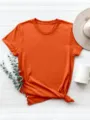 T-shirt a manica corta tinta unita top casual girocollo basic con risvolti moderni. - Taglia S / Arancione