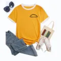 Casual yellow contrast ringer short sleeve t-shirt for women, stylish summer casual top. - Yellow (Front Chest)