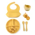 Silicone baby feeding set with suction plate bowl bib cup spoons fork for toddler weaning. - 8-Piece Set / Turmeric