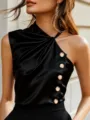 Stylish black satin halter top for women with chic gold buttons and elegant design. - S / Tops / Black