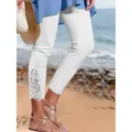 Weiße 3/4 Damen Leggings mit hoher Taille und elegantem Spitzensaum, elastische Freizeithose. - S / Unterteile / Weiß