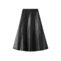 Black faux leather A-line midi skirt detail, high waist paneling design and flared hemline. - S / Bottoms / Black