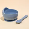 Silicone baby suction bowl and spoon set in soft blue, perfect for toddler self-feeding daily use. - Snail Bowl & Long Handle Spoon (Mist Blue)