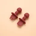 Baby silicone training fork and spoon set in burgundy, safe ergonomic baby cutlery. - Brick Red