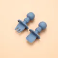 Silicone baby training fork spoon set, infant feeding tableware with safe round handle. - Grey Blue