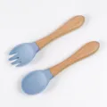 Kids silicone wooden handle spoon fork set, blue baby training flatware, safe toddler cutlery. - Wooden Handle Fork and Spoon / Grey Blue