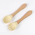 Baby silicone wooden handle spoon and fork set in light yellow for infant training feeding. - Wooden Handle Fork and Spoon / Off White
