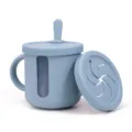 Silicone baby training cup with dual handles, measurement scales, and snack lid for toddlers. - Clear Window Cup + Snack Lid (Grey Blue)