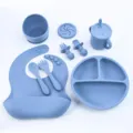Silicone baby feeding set with divided plate, bib, bowl, cup and spoon for toddlers. - Silicone 8-Piece Set / Grey Blue