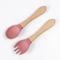 Baby silicone wooden handle spoon and fork set, pink infant training feeding tableware. - Wooden Handle Fork and Spoon / Brick Red