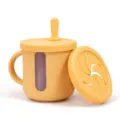 Yellow silicone baby training cup with dual handles, transparent scale window and snack lid. - Clear Window Cup + Snack Lid (Ginger Yellow)