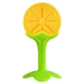 Silicone baby teether toy, yellow fruit slice design with green handle for teething relief. - Orange