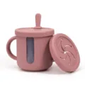 Pink silicone baby training cup with dual handles, measurement scales, and snack lid. - Clear Window Cup + Snack Lid (Brick Red)