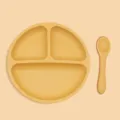 Yellow silicone baby suction plate and spoon set, partitioned round design for daily feeding. - Round Dinner Plate + Single Spoon 2-Piece Set / Turmeric