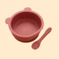Baby silicone bowl and spoon set, cute bear ear design with suction base for toddlers feeding. - 2-Piece Bear Bowl and Spoon Set (Brick Red)