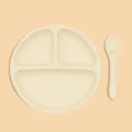 Silicone baby suction plate and spoon set, partitioned toddler feeding dish in beige. - Round Dinner Plate + Single Spoon 2-Piece Set / Off White