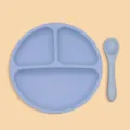 Silicone baby feeding set with divided suction plate and matching spoon for toddlers. - Round Dinner Plate + Single Spoon 2-Piece Set / Grey Blue