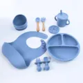 Baby silicone tableware 10-piece set, divided plate, suction bowl, bib, fork and spoon. - Wooden Handle 8-Piece Set / Grey Blue
