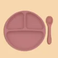 Silicone baby suction plate and spoon set in dusty pink, round divided design for kids feeding. - Round Dinner Plate + Single Spoon 2-Piece Set / Brick Red