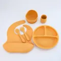Silicone Baby Feeding Set Yellow Suction Plate Bowl Bib Fork Spoon Drinking Cup Set - Silicone 6-Piece Set / Turmeric