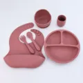 Silicone baby feeding set with divided plate bowl bib spoon fork cup dusty rose color - Silicone 6-Piece Set / Brick Red
