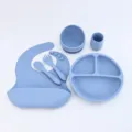 Silicone baby feeding set in blue with divided plate suction bowl bib cup fork spoon set - Silicone 6-Piece Set / Grey Blue