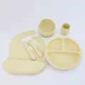 Baby silicone feeding set with divided suction plate, bowl, bib, fork, spoon and cup. - Silicone 6-Piece Set / Off White