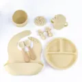Kit de repas complet en silicone pour bébé avec assiette compartimentée bol tasse et bavoir. - Ensemble 8 Pièces Manche en Bois / Blanc Cassé