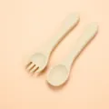 Set forchetta e cucchiaio in silicone per neonati, posate per svezzamento sicure e morbide. - Forchetta e Cucchiaio a Manico Lungo / Bianco Crema