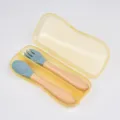 Baby silicone spoon and fork set with wooden handle in yellow portable storage case for feeding. - Grey Blue